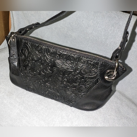 Bruce Makowsky black leather tooled crossbody bag. - Picture 3 of 9
